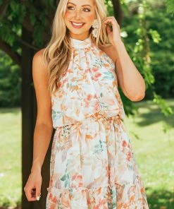 Sweet Lemon Ivory Floral Print Halter Neck Woven Dress Dresses