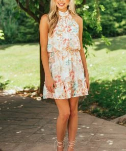 Sweet Lemon Ivory Floral Print Halter Neck Woven Dress Dresses