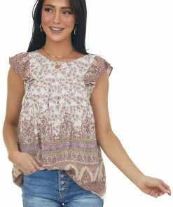 Staccato Tops Ivory Floral Print Ruffle Cap Sleeve Blouse