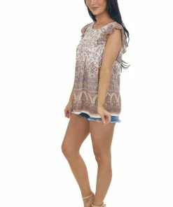 Staccato Tops Ivory Floral Print Ruffle Cap Sleeve Blouse