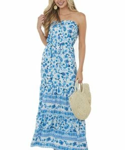 Aakaa Ivory Floral Print Strapless Front Waist Tie Dress Dresses 12 Aakaa Ivory Floral Print Strapless Front Waist Tie Dress Dresses