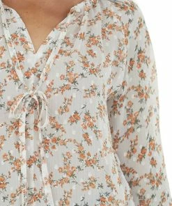 Miss Sparkling Ivory Floral Print Swiss Dot Sheer Blouse Tops 15 Miss Sparkling Ivory Floral Print Swiss Dot Sheer Blouse Tops