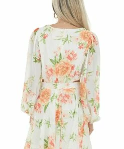 Flying Tomato Dresses Ivory Floral Waist Cut Out Bubble Sleeve Dress