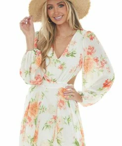 Flying Tomato Dresses Ivory Floral Waist Cut Out Bubble Sleeve Dress