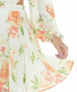 Flying Tomato Dresses Ivory Floral Waist Cut Out Bubble Sleeve Dress