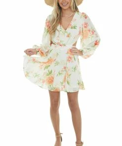 Flying Tomato Dresses Ivory Floral Waist Cut Out Bubble Sleeve Dress
