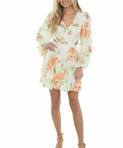 Flying Tomato Dresses Ivory Floral Waist Cut Out Bubble Sleeve Dress
