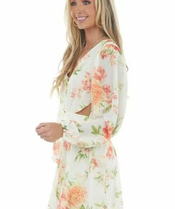 Flying Tomato Dresses Ivory Floral Waist Cut Out Bubble Sleeve Dress