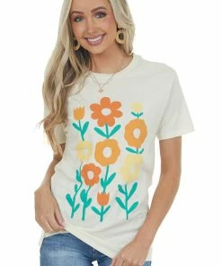 Lotus Fashion Tops Ivory Flower Graphic Drop Shoulder Knit Tee