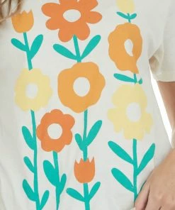 Lotus Fashion Tops Ivory Flower Graphic Drop Shoulder Knit Tee