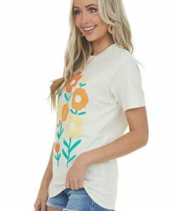 Lotus Fashion Tops Ivory Flower Graphic Drop Shoulder Knit Tee