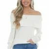 Andree Tops Ivory Folded Off Shoulder Ribbed Knit Top 1 Andree Tops Ivory Folded Off Shoulder Ribbed Knit Top