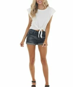 HYFVE Tops Ivory Front Tie Waffle Knit Top With Shoulder Pads