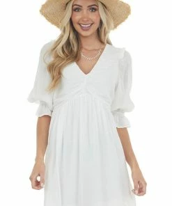 Umgee Ivory Half Sleeve Ruched V Neck Short Dress Dresses