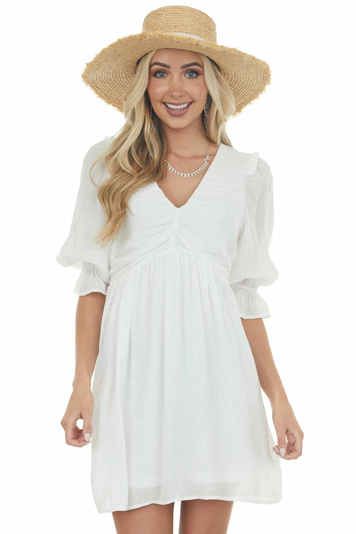 Umgee Ivory Half Sleeve Ruched V Neck Short Dress Dresses 3 Umgee Ivory Half Sleeve Ruched V Neck Short Dress Dresses