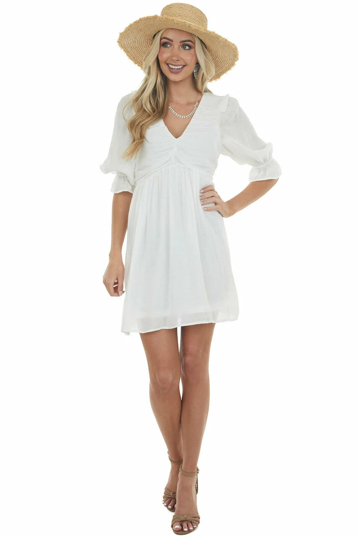 Umgee Ivory Half Sleeve Ruched V Neck Short Dress Dresses 5 Umgee Ivory Half Sleeve Ruched V Neck Short Dress Dresses