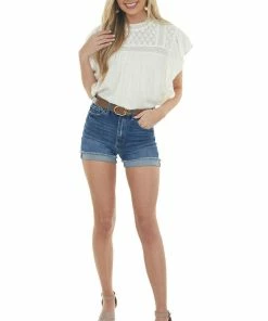 Eesome Tops Ivory High Neck Ruffle Sleeve Yoke Woven Top