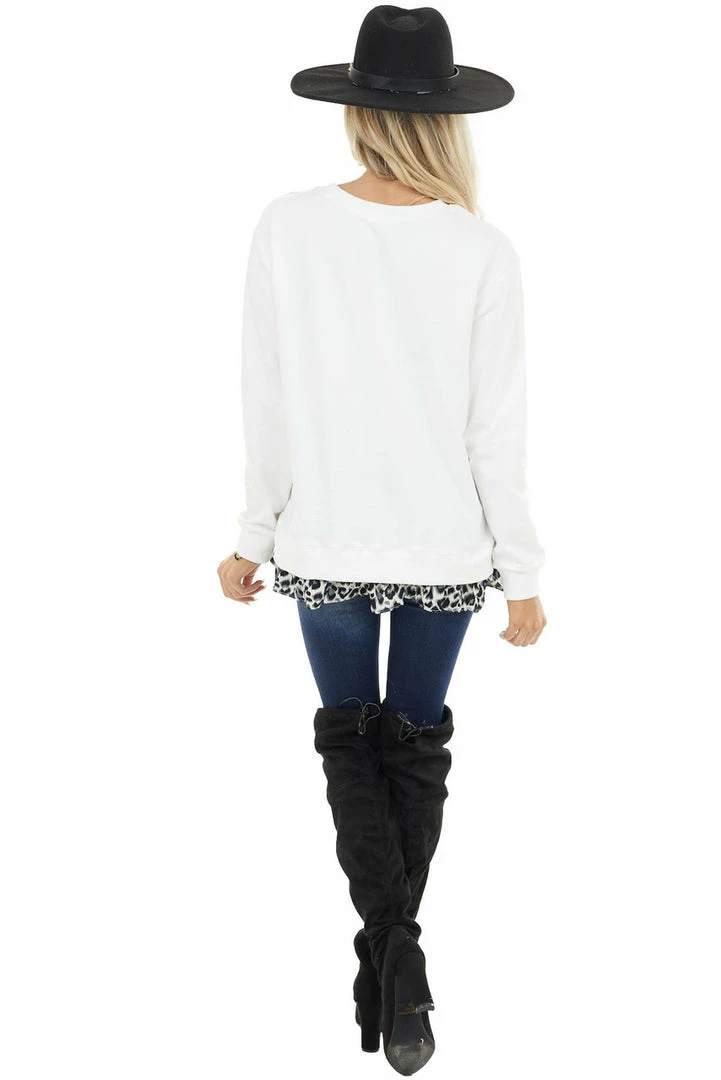 Easel Ivory Knit Sweatshirt With Grey Leopard Hemline Contrast 9 Easel Ivory Knit Sweatshirt With Grey Leopard Hemline Contrast