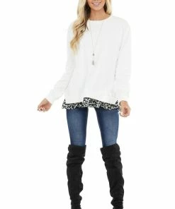 Easel Ivory Knit Sweatshirt With Grey Leopard Hemline Contrast