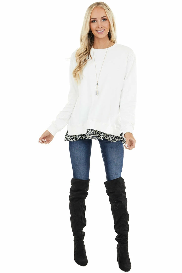 Easel Ivory Knit Sweatshirt With Grey Leopard Hemline Contrast 4 Easel Ivory Knit Sweatshirt With Grey Leopard Hemline Contrast