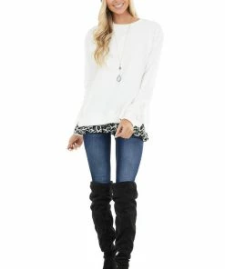 Easel Ivory Knit Sweatshirt With Grey Leopard Hemline Contrast 21 Easel Ivory Knit Sweatshirt With Grey Leopard Hemline Contrast