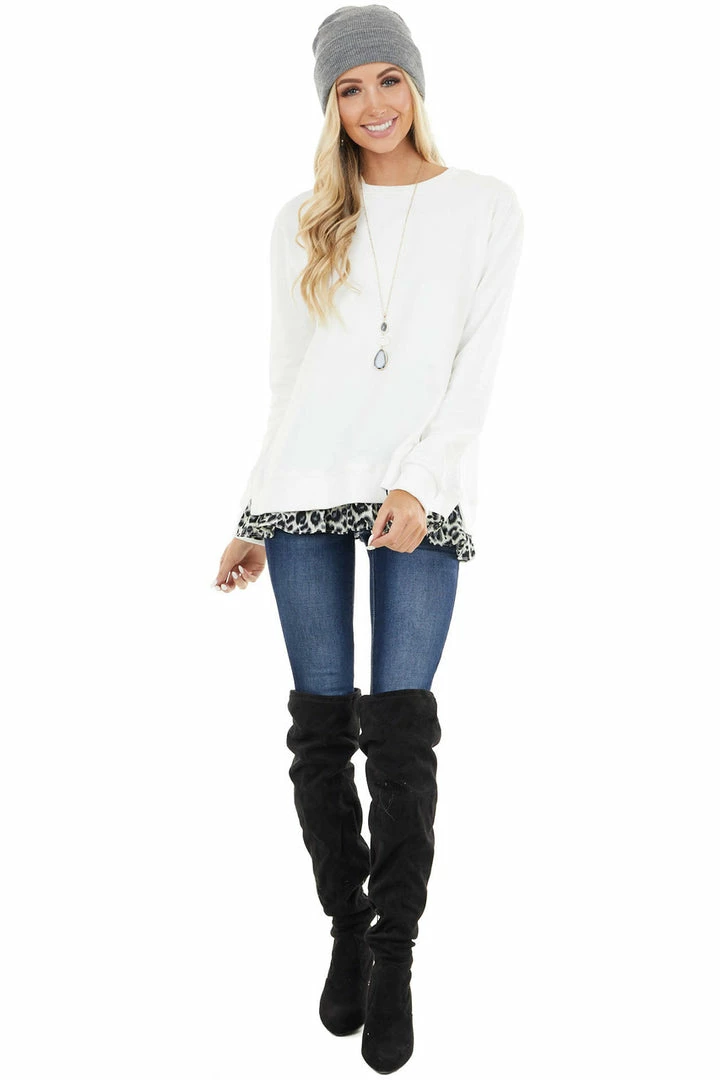 Easel Ivory Knit Sweatshirt With Grey Leopard Hemline Contrast 6 Easel Ivory Knit Sweatshirt With Grey Leopard Hemline Contrast