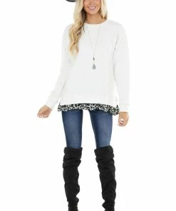 Easel Ivory Knit Sweatshirt With Grey Leopard Hemline Contrast 22 Easel Ivory Knit Sweatshirt With Grey Leopard Hemline Contrast