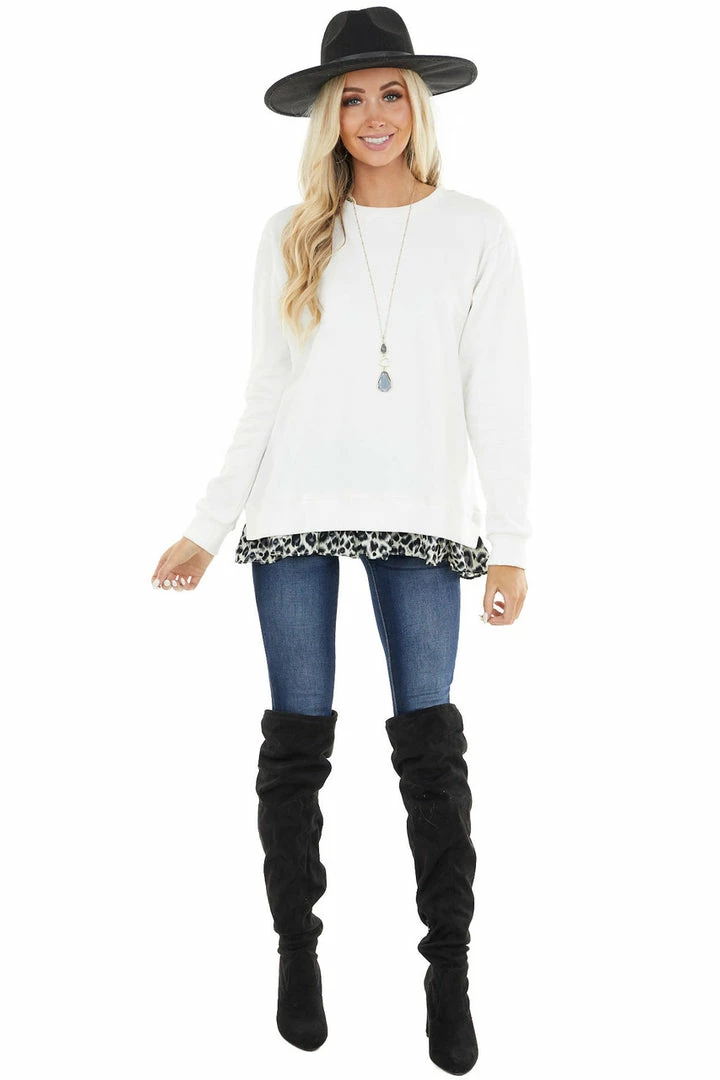 Easel Ivory Knit Sweatshirt With Grey Leopard Hemline Contrast 7 Easel Ivory Knit Sweatshirt With Grey Leopard Hemline Contrast