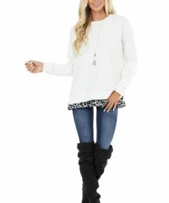 Easel Ivory Knit Sweatshirt With Grey Leopard Hemline Contrast 20 Easel Ivory Knit Sweatshirt With Grey Leopard Hemline Contrast
