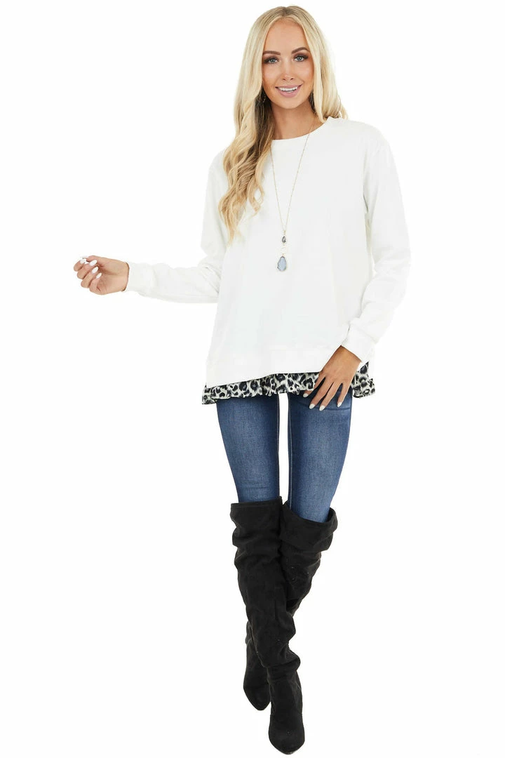 Easel Ivory Knit Sweatshirt With Grey Leopard Hemline Contrast 5 Easel Ivory Knit Sweatshirt With Grey Leopard Hemline Contrast