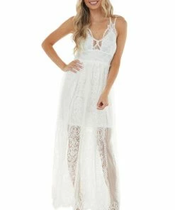 Entro Dresses Ivory Lace Maxi Overlay Sleeveless Dress With Plunging Neck 17 Entro Dresses Ivory Lace Maxi Overlay Sleeveless Dress With Plunging Neck