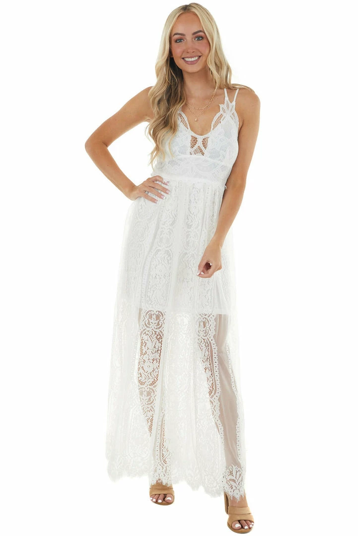 Entro Dresses Ivory Lace Maxi Overlay Sleeveless Dress With Plunging Neck 4 Entro Dresses Ivory Lace Maxi Overlay Sleeveless Dress With Plunging Neck