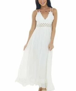 HYFVE Ivory Lace V Neck Maxi Dress With Ruffle Hem