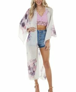 Trend Notes Ivory Large Floral Print Open Front Woven Duster Kimono