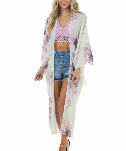 Trend Notes Ivory Large Floral Print Open Front Woven Duster Kimono