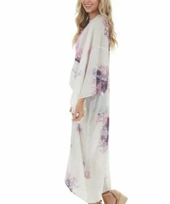 Trend Notes Ivory Large Floral Print Open Front Woven Duster Kimono