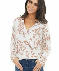 BiBi Ivory Leopard Print Long Sleeve Top With Front Pocket Tops