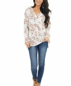 BiBi Ivory Leopard Print Long Sleeve Top With Front Pocket Tops