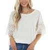 BiBi Tops Ivory Leopard Print Short Sleeve Waffle Knit Top With Lace