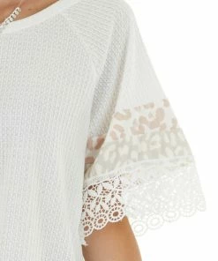 BiBi Tops Ivory Leopard Print Short Sleeve Waffle Knit Top With Lace