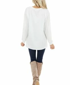 BiBi Tops Ivory Long Sleeve Knit Top With Lace Up V Neck Detail