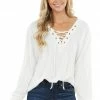 BiBi Tops Ivory Long Sleeve Knit Top With Lace Up V Neck Detail 1 BiBi Tops Ivory Long Sleeve Knit Top With Lace Up V Neck Detail