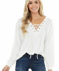 BiBi Tops Ivory Long Sleeve Knit Top With Lace Up V Neck Detail