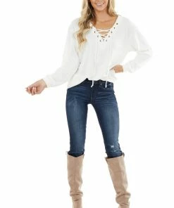 BiBi Tops Ivory Long Sleeve Knit Top With Lace Up V Neck Detail
