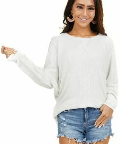 Staccato Ivory Long Sleeve Ribbed Top With Exposed Stitching Detail Tops