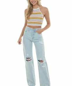 Lush Clothing Ivory Multicolor Crochet Halter Tank Top Tops