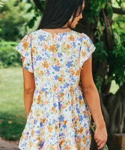 Hailey & Co Ivory Multicolored Floral Print Drop Waist Blouse