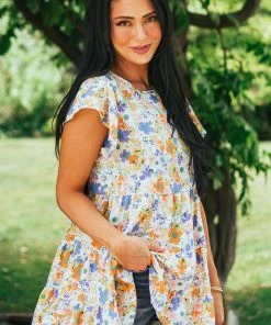 Hailey & Co Ivory Multicolored Floral Print Drop Waist Blouse