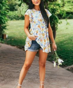 Hailey & Co Ivory Multicolored Floral Print Drop Waist Blouse