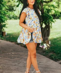 Hailey & Co Ivory Multicolored Floral Print Drop Waist Blouse